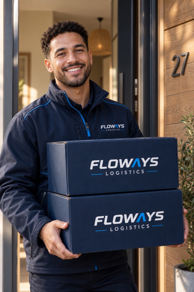 Smiling FloWays courier delivering boxes